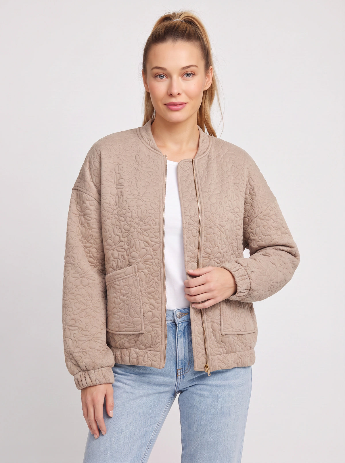 Floralief Quilted Bomber Jacket – Taupe Padded Bomber Jacket Womens Casual Autumn Lightweight Floral Embossed Coat