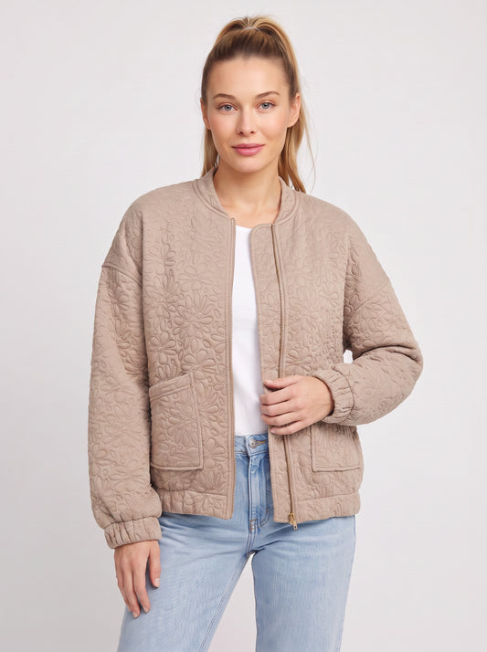 Floralief Quilted Bomber Jacket – Taupe Padded Bomber Jacket Womens Casual Autumn Lightweight Floral Embossed Coat