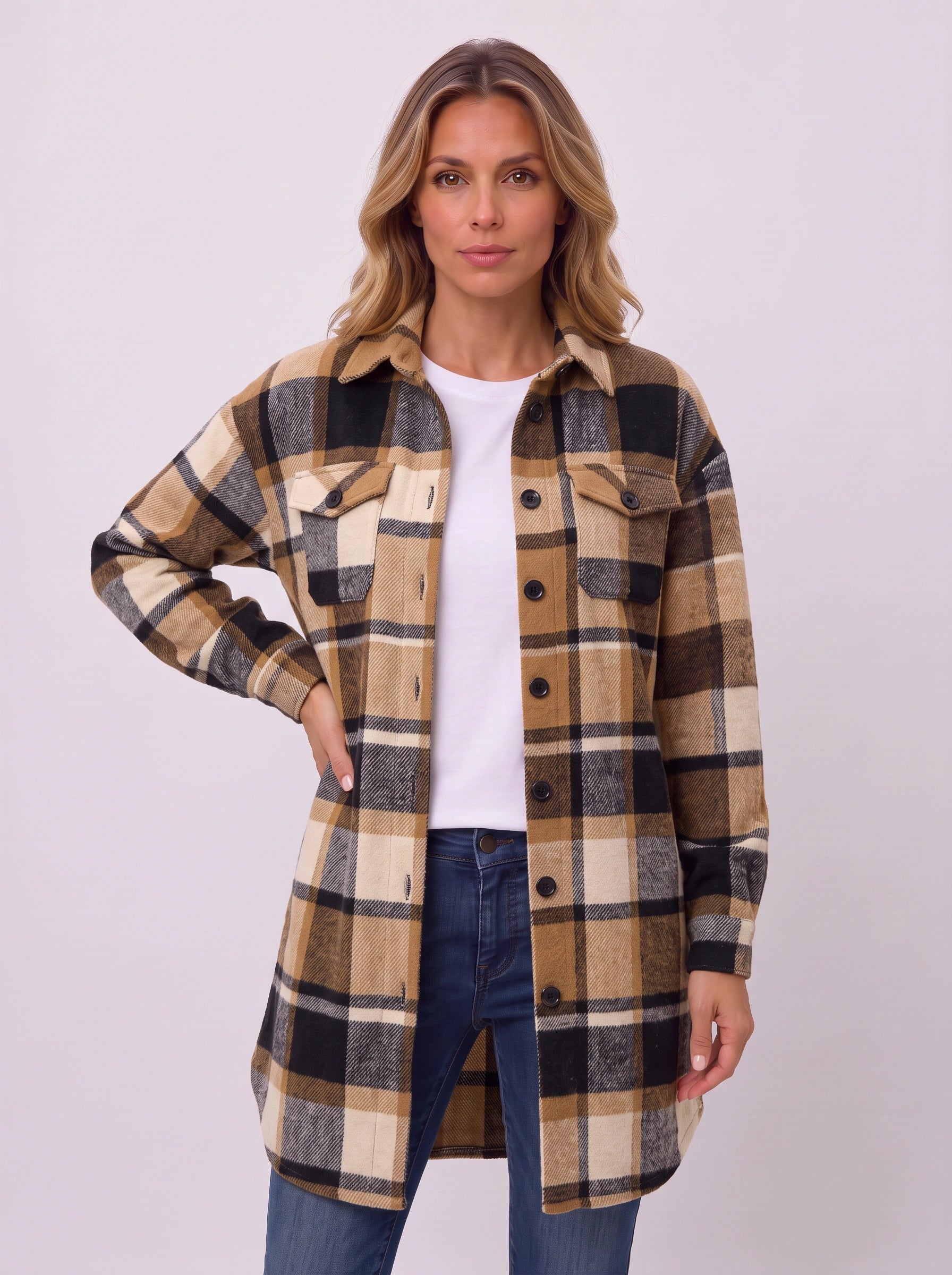 Carrowlyn Longline Check Shacket – Oversized Flannel Shirts Women Autumn Casual Ladies Checked Shirt Jacket