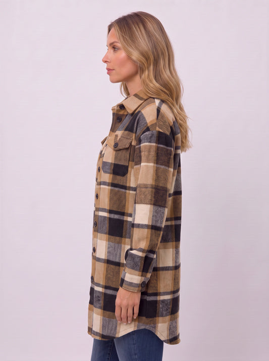 Carrowlyn Longline Check Shacket – Oversized Flannel Shirts Women Autumn Casual Ladies Checked Shirt Jacket