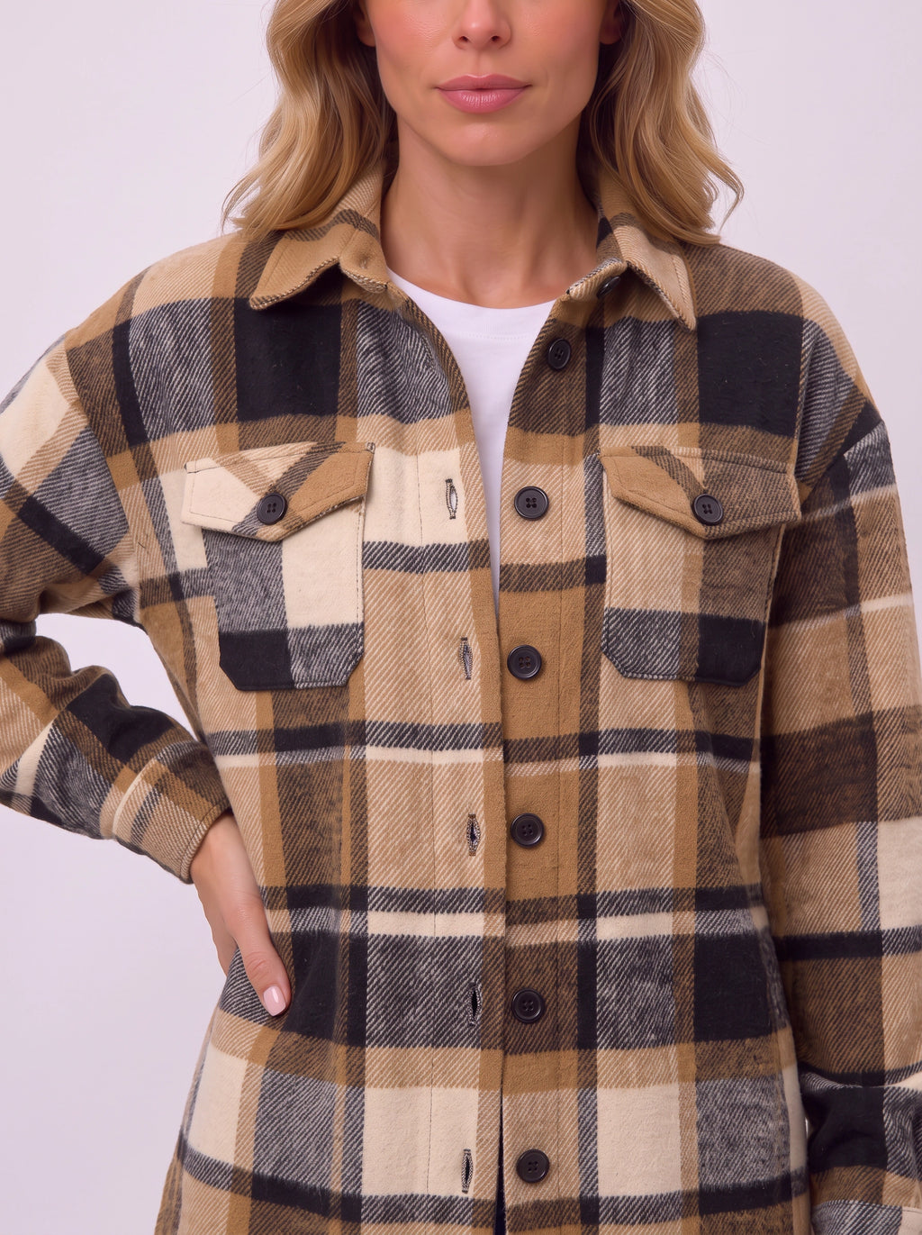 Carrowlyn Longline Check Shacket – Oversized Flannel Shirts Women Autumn Casual Ladies Checked Shirt Jacket
