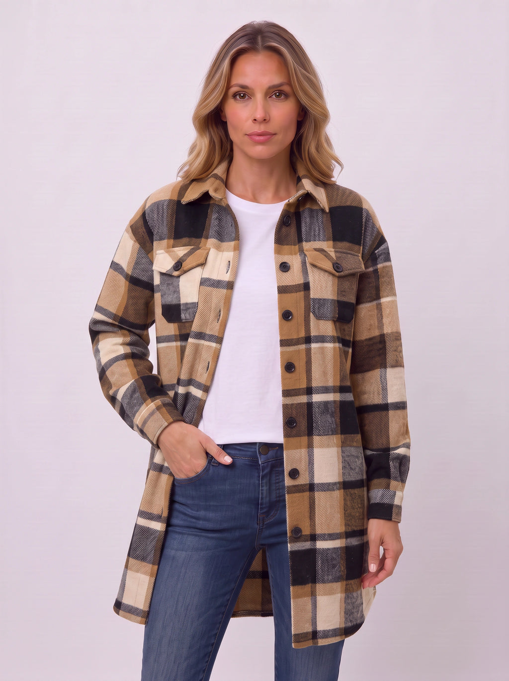 Carrowlyn Longline Check Shacket – Oversized Flannel Shirts Women Autumn Casual Ladies Checked Shirt Jacket