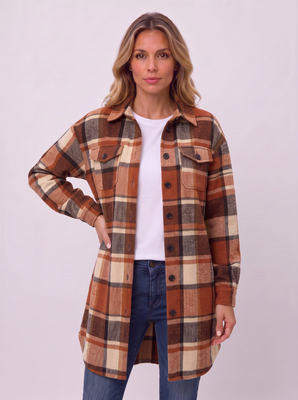 Carrowlyn Longline Check Shacket – Oversized Flannel Shirts Women Autumn Casual Ladies Checked Shirt Jacket