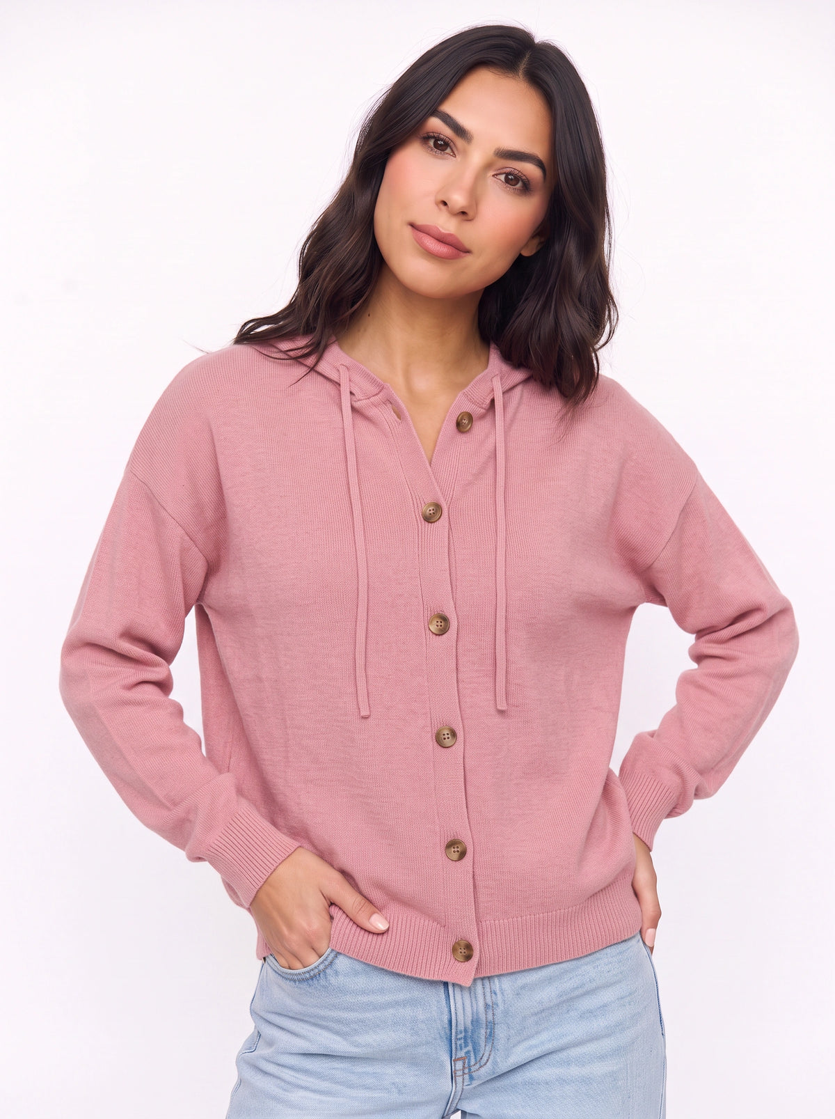 Casella Hooded Button-Front Cardigan – Ribbed Knit Women Casual Autumn Loungewear Hooded Cardigan