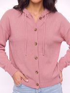 Casella Hooded Button-Front Cardigan – Ribbed Knit Women Casual Autumn Loungewear Hooded Cardigan