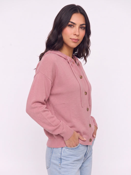 Casella Hooded Button-Front Cardigan – Ribbed Knit Women Casual Autumn Loungewear Hooded Cardigan