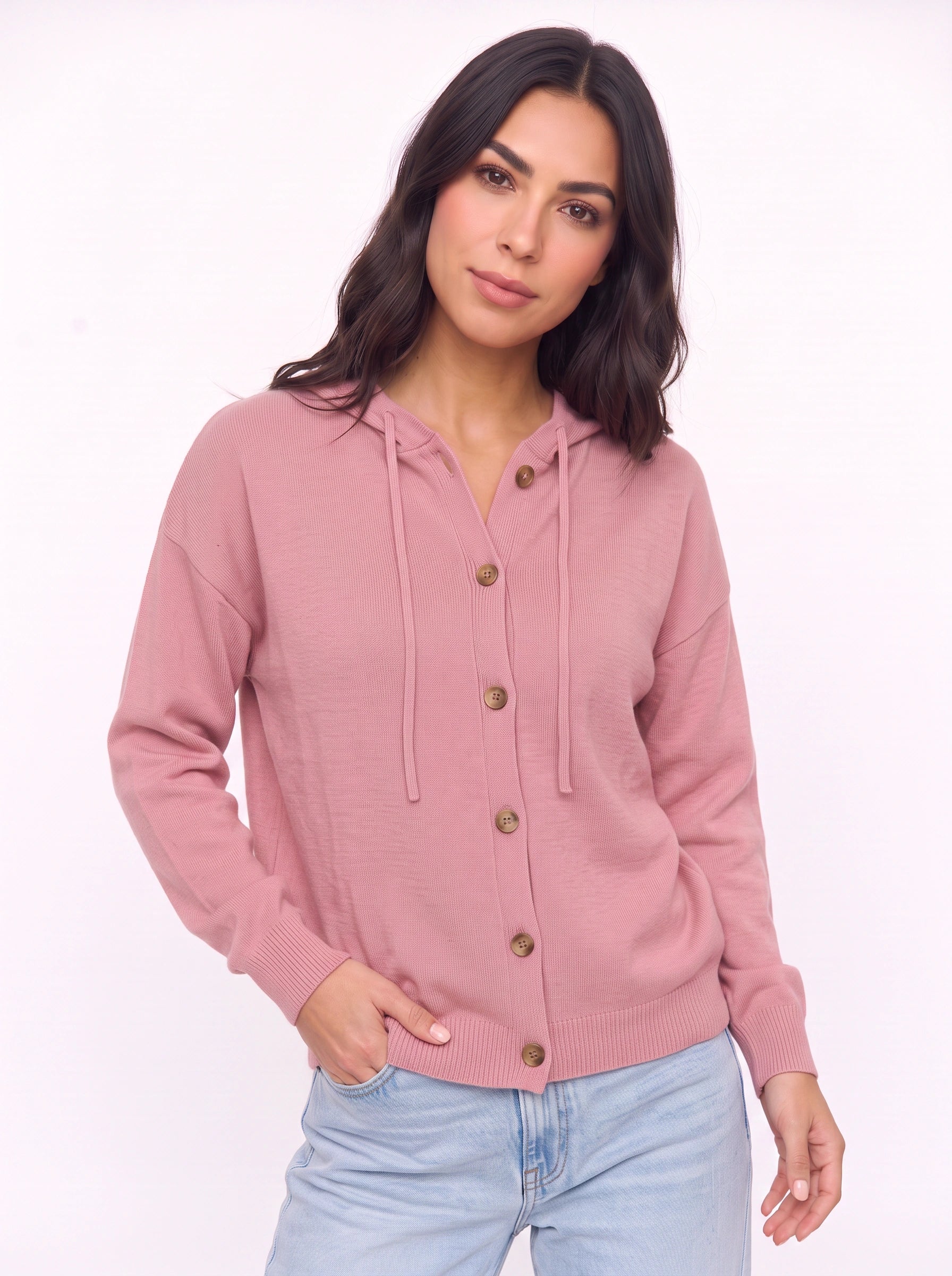 Casella Hooded Button-Front Cardigan – Ribbed Knit Women Casual Autumn Loungewear Hooded Cardigan