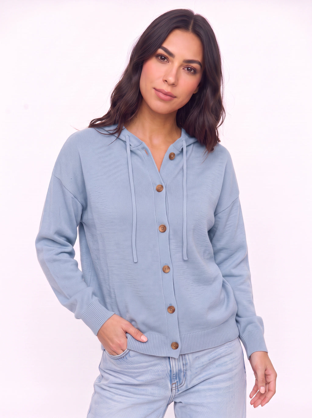 Casella Hooded Button-Front Cardigan – Ribbed Knit Women Casual Autumn Loungewear Hooded Cardigan