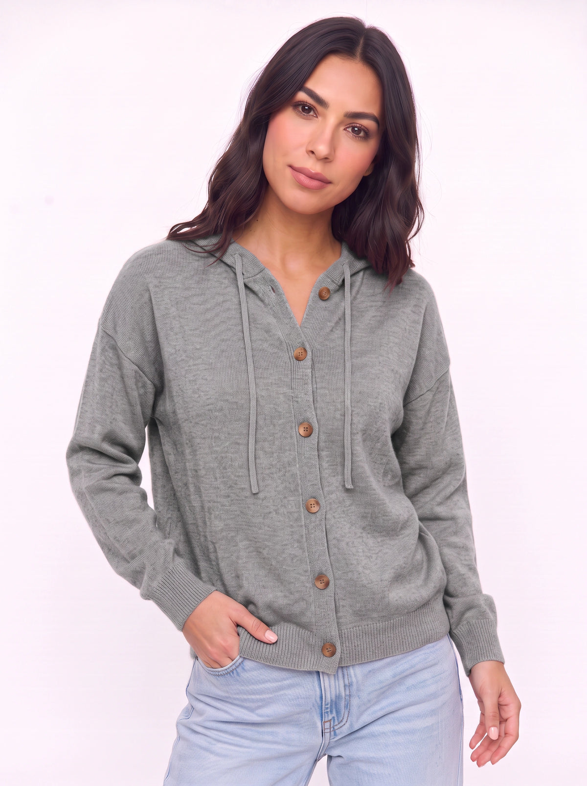 Casella Hooded Button-Front Cardigan – Ribbed Knit Women Casual Autumn Loungewear Hooded Cardigan