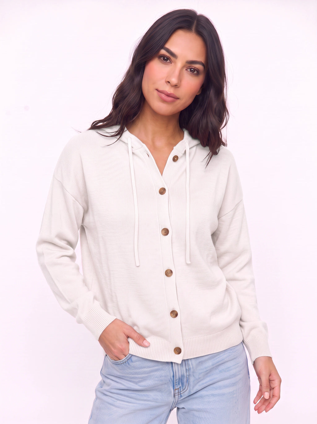 Casella Hooded Button-Front Cardigan – Ribbed Knit Women Casual Autumn Loungewear Hooded Cardigan