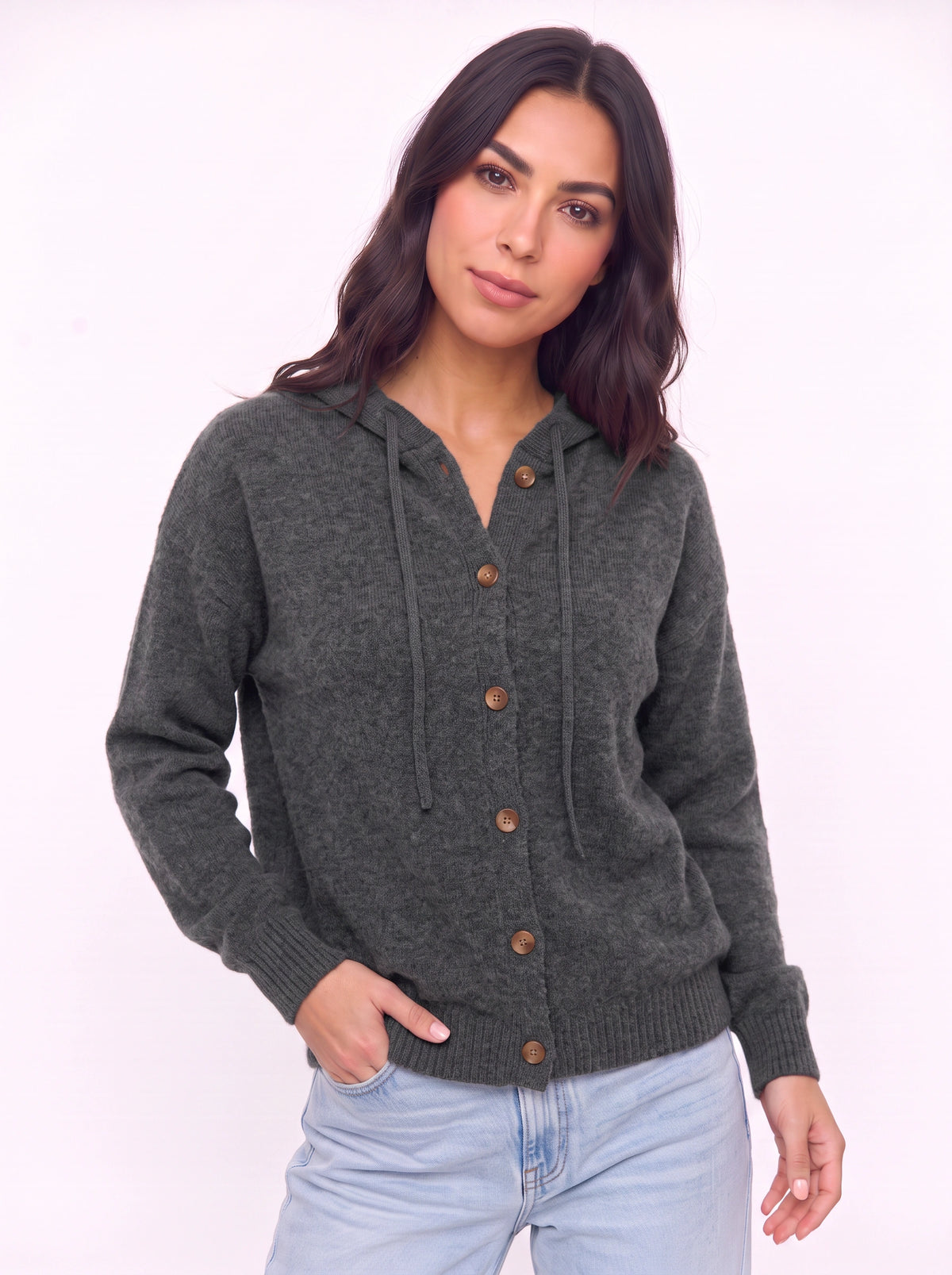 Casella Hooded Button-Front Cardigan – Ribbed Knit Women Casual Autumn Loungewear Hooded Cardigan