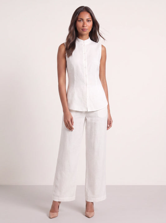 Linica Sleeveless Collar Shirt Wide-Leg Trouser Set – Women Linen Co-Ord Office Smart Casual Tailored Two Piece