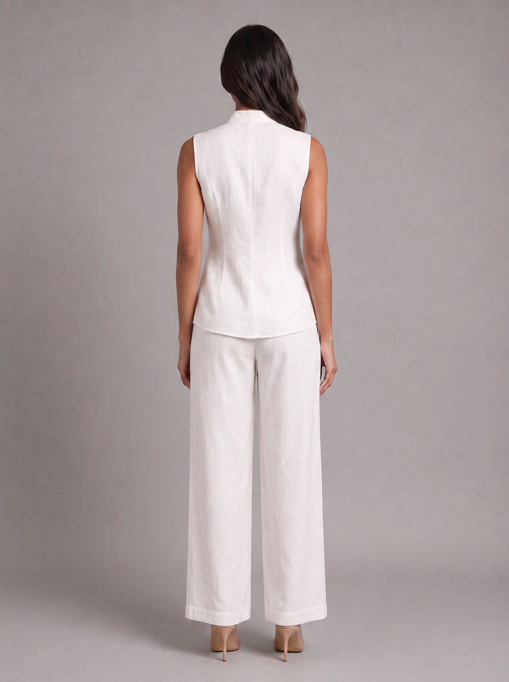Linica Sleeveless Collar Shirt Wide-Leg Trouser Set – Women Linen Co-Ord Office Smart Casual Tailored Two Piece