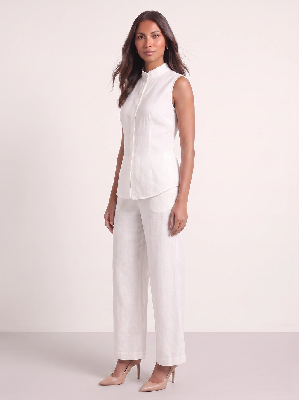 Linica Sleeveless Collar Shirt Wide-Leg Trouser Set – Women Linen Co-Ord Office Smart Casual Tailored Two Piece