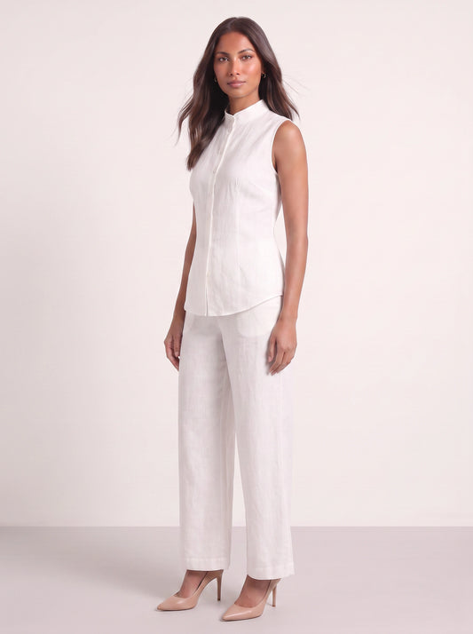 Linica Sleeveless Collar Shirt Wide-Leg Trouser Set – Women Linen Co-Ord Office Smart Casual Tailored Two Piece