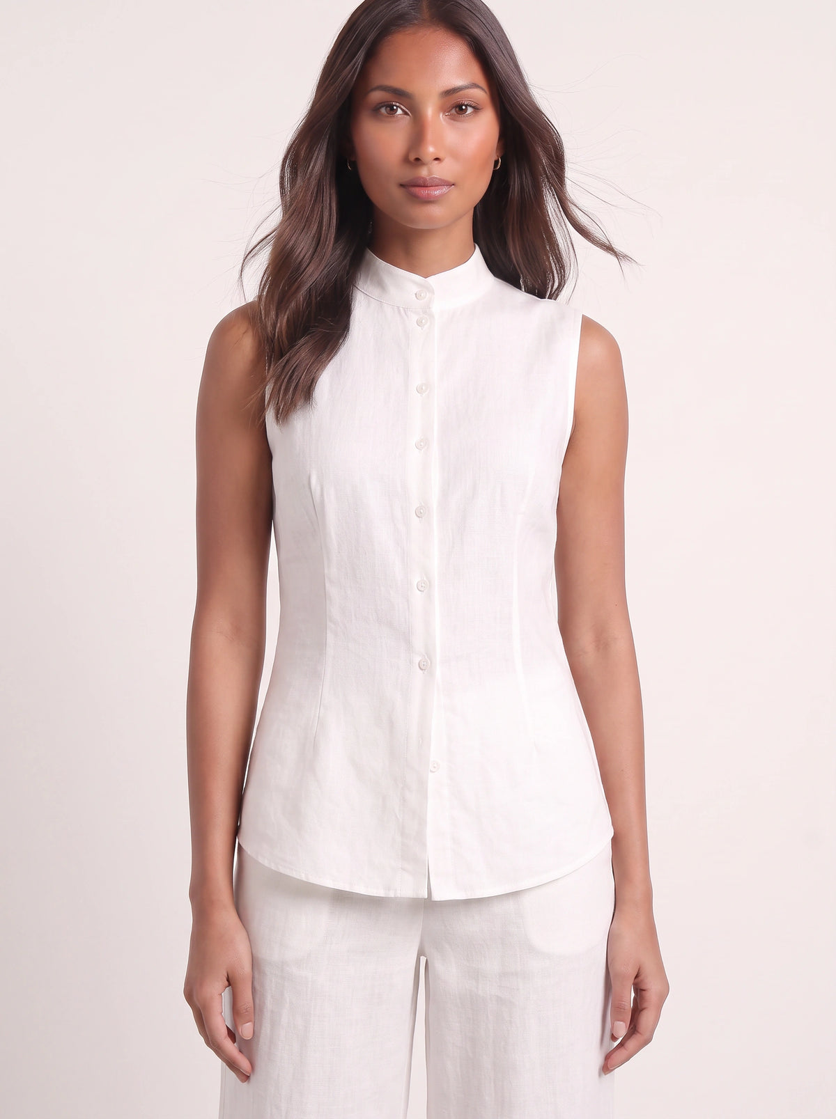 Linica Sleeveless Collar Shirt Wide-Leg Trouser Set – Women Linen Co-Ord Office Smart Casual Tailored Two Piece