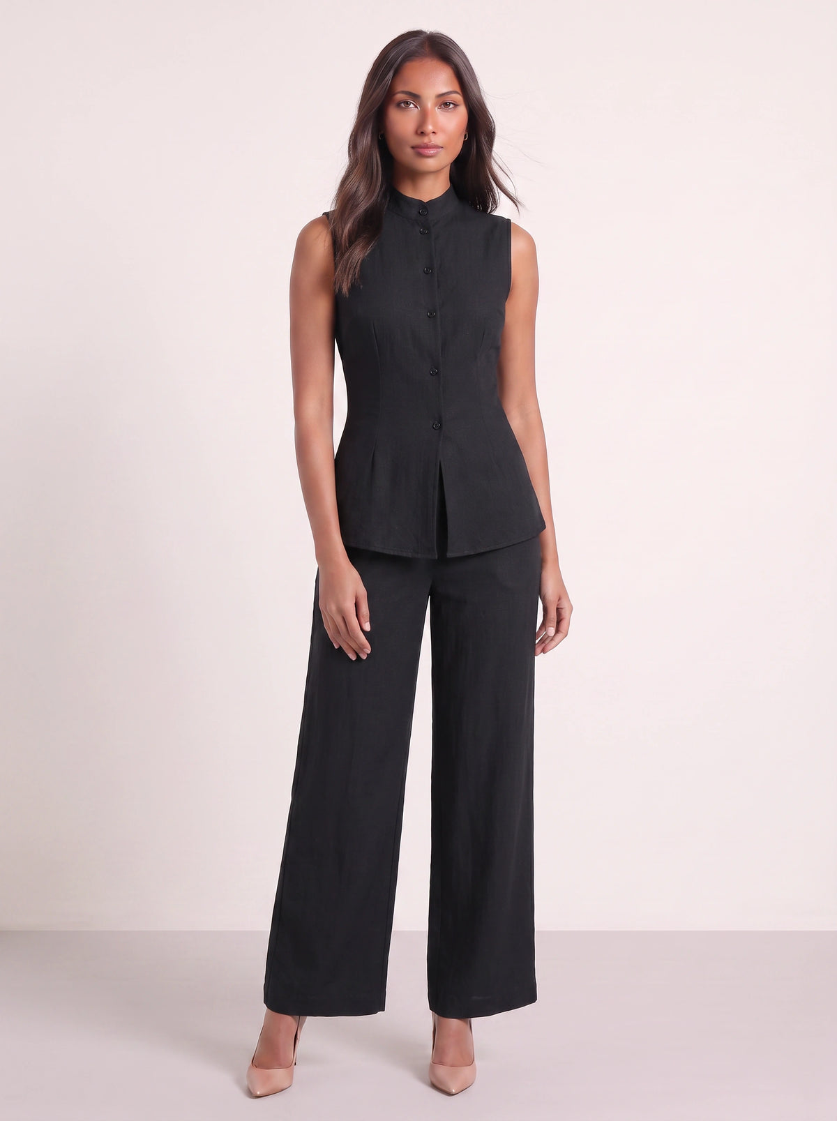 Linica Sleeveless Collar Shirt Wide-Leg Trouser Set – Women Linen Co-Ord Office Smart Casual Tailored Two Piece