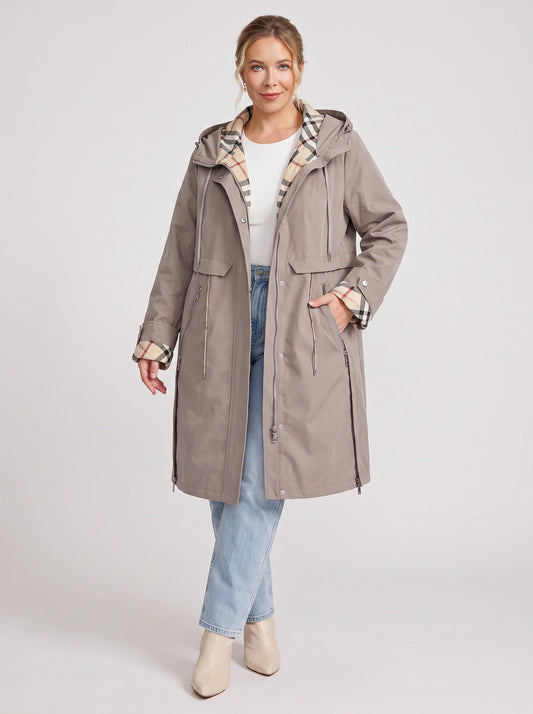 Quadrift Hooded Trench Coat – Waterproof Raincoat Women Ladies Check Lined Longline Jacket