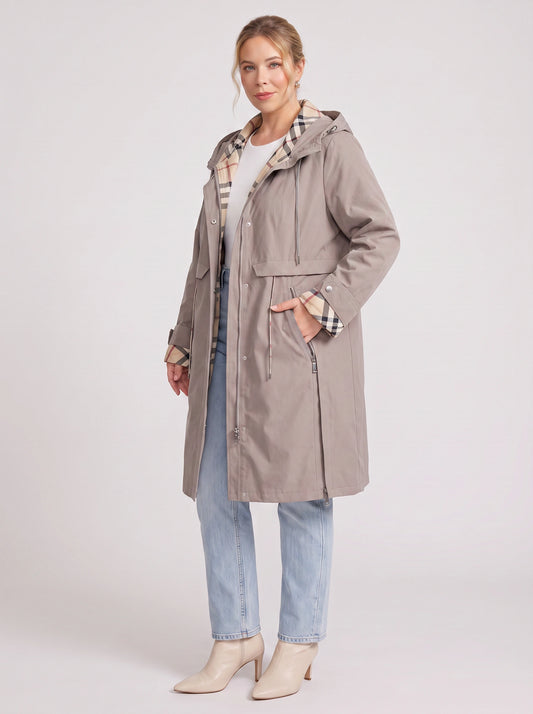 Quadrift Hooded Trench Coat – Waterproof Raincoat Women Ladies Check Lined Longline Jacket