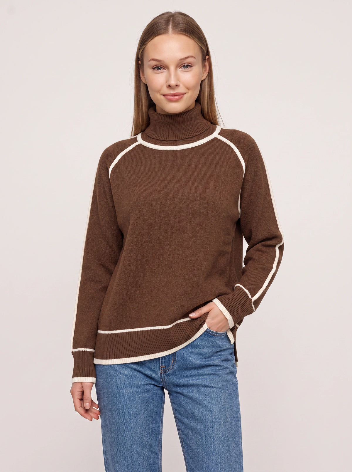 Cortiva Contrast Trim Roll Neck Jumper – Turtleneck Women Sweater Casual Knitwear Relaxed Fit Long Sleeve