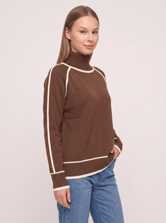 Cortiva Contrast Trim Roll Neck Jumper – Turtleneck Women Sweater Casual Knitwear Relaxed Fit Long Sleeve