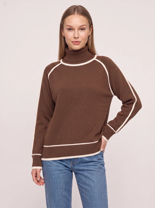 Cortiva Contrast Trim Roll Neck Jumper – Turtleneck Women Sweater Casual Knitwear Relaxed Fit Long Sleeve