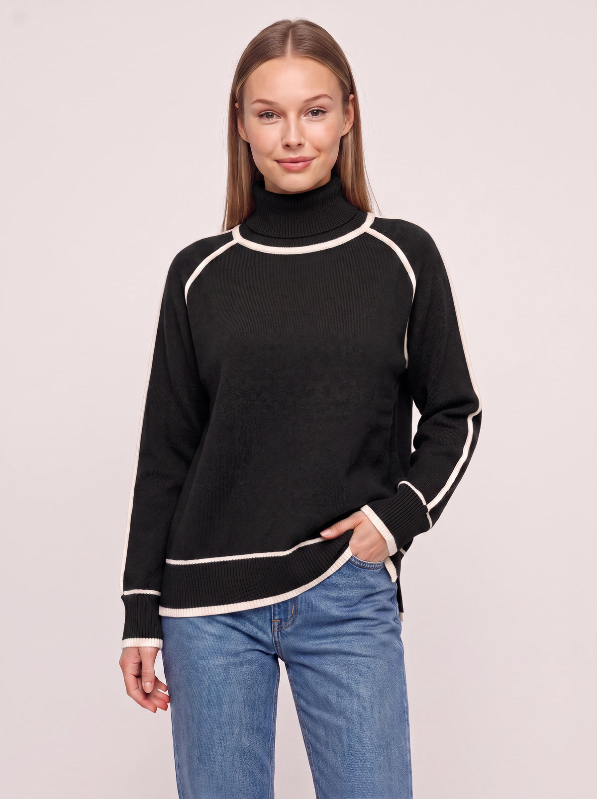 Cortiva Contrast Trim Roll Neck Jumper – Turtleneck Women Sweater Casual Knitwear Relaxed Fit Long Sleeve