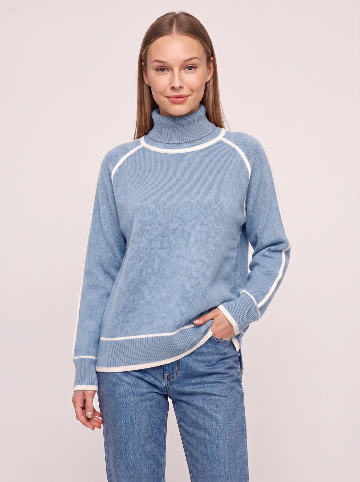Cortiva Contrast Trim Roll Neck Jumper – Turtleneck Women Sweater Casual Knitwear Relaxed Fit Long Sleeve