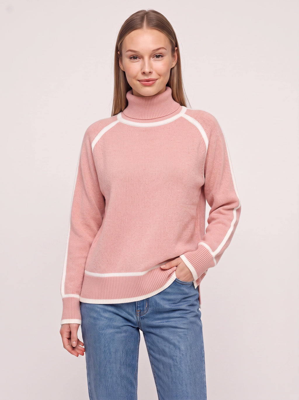 Cortiva Contrast Trim Roll Neck Jumper – Turtleneck Women Sweater Casual Knitwear Relaxed Fit Long Sleeve