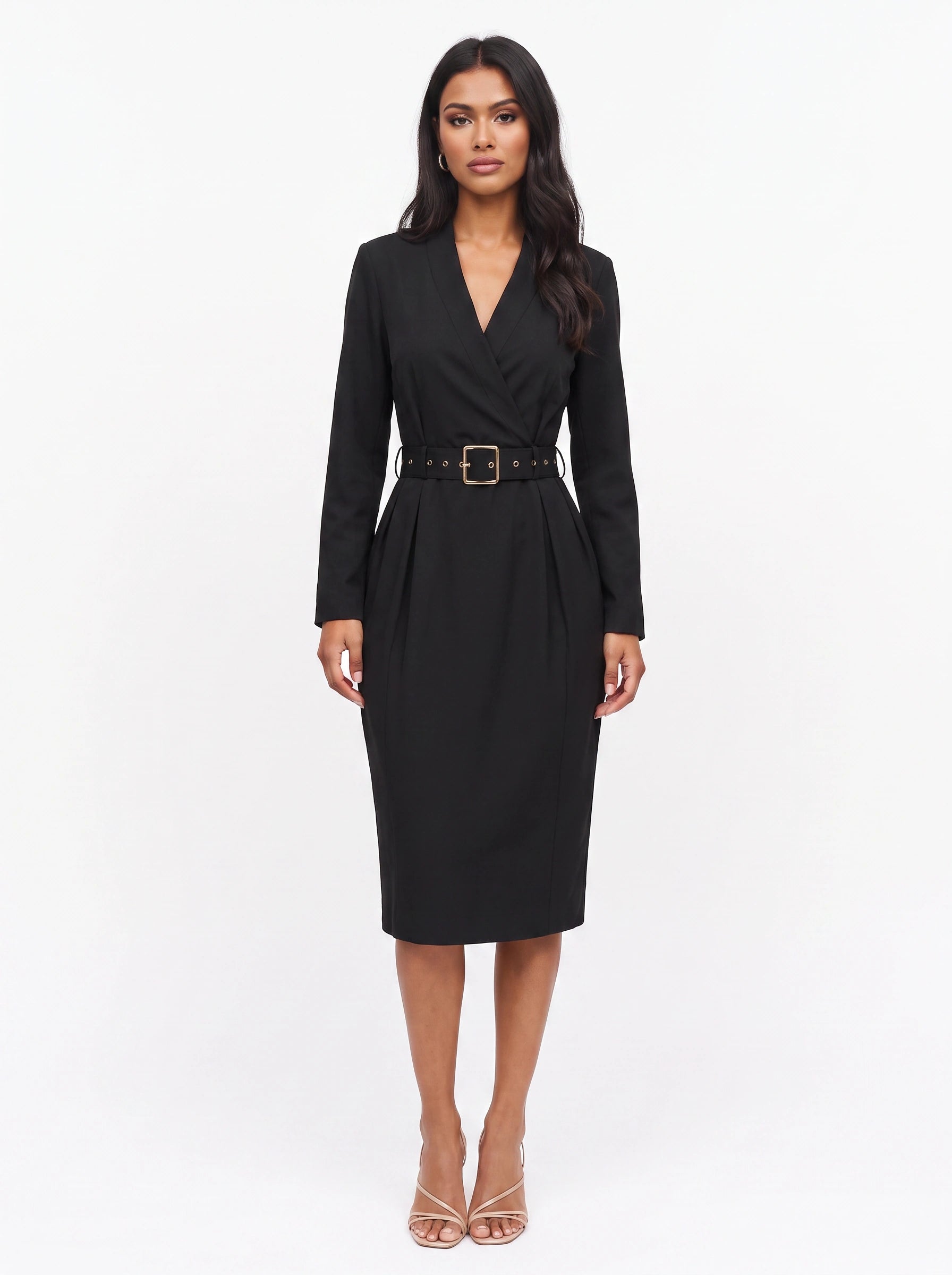 Cintura Belted Wrap Midi Dress – Wrap Dress Women Long Sleeve Office Formal Tailored Midi Dress