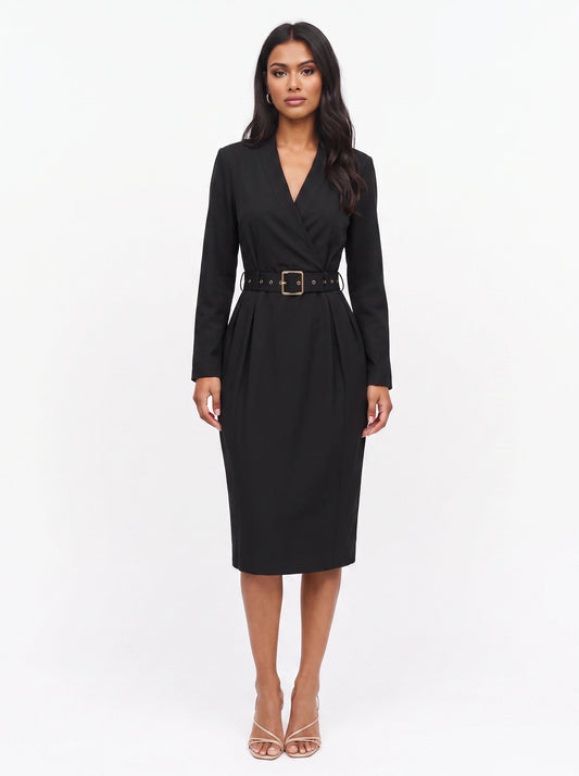 Cintura Belted Wrap Midi Dress – Wrap Dress Women Long Sleeve Office Formal Tailored Midi Dress