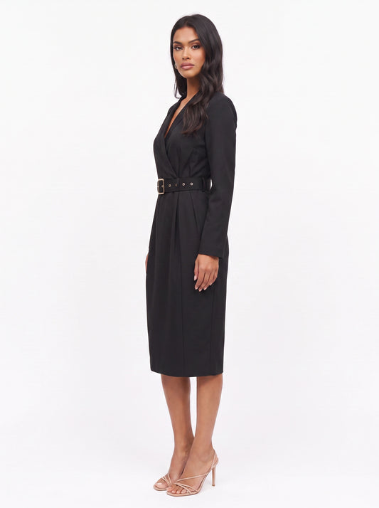 Cintura Belted Wrap Midi Dress – Wrap Dress Women Long Sleeve Office Formal Tailored Midi Dress