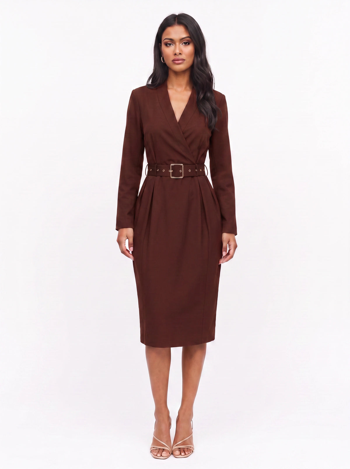 Cintura Belted Wrap Midi Dress – Wrap Dress Women Long Sleeve Office Formal Tailored Midi Dress