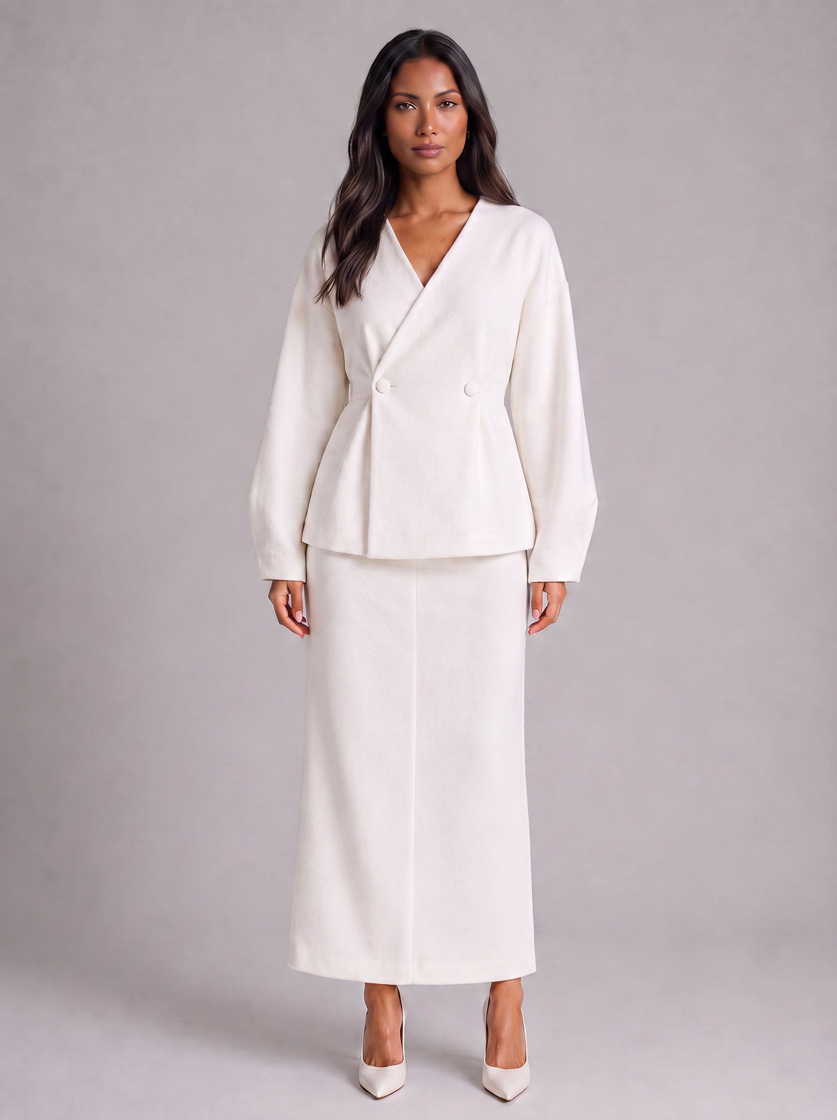 Ivoire Double-Breasted Blazer Maxi Skirt Co-Ord Set – White Tailored Women Formal Wedding Guest Office Blazer