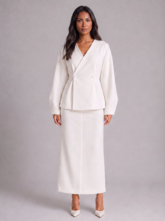 Ivoire Double-Breasted Blazer Maxi Skirt Co-Ord Set – White Tailored Women Formal Wedding Guest Office Blazer