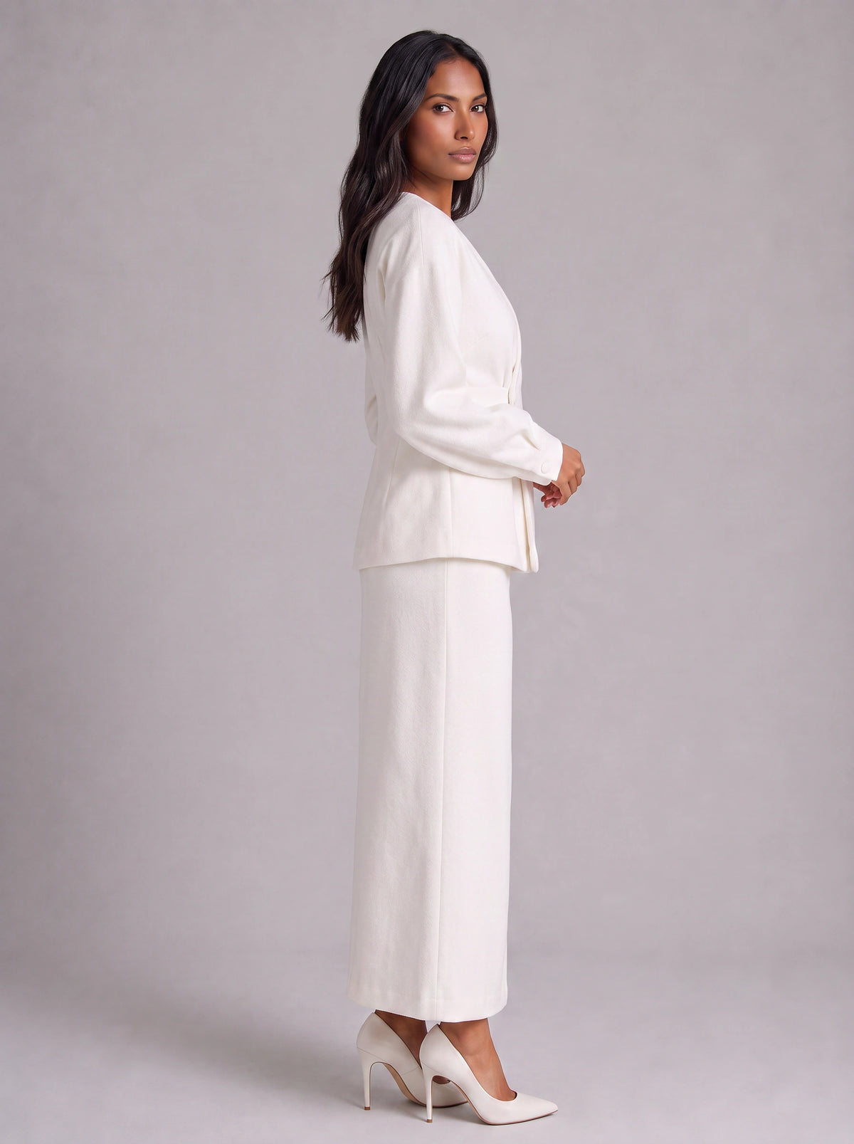Ivoire Double-Breasted Blazer Maxi Skirt Co-Ord Set – White Tailored Women Formal Wedding Guest Office Blazer