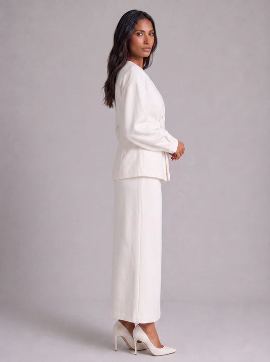 Ivoire Double-Breasted Blazer Maxi Skirt Co-Ord Set – White Tailored Women Formal Wedding Guest Office Blazer
