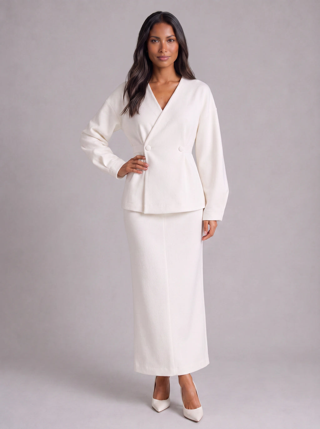 Ivoire Double-Breasted Blazer Maxi Skirt Co-Ord Set – White Tailored Women Formal Wedding Guest Office Blazer