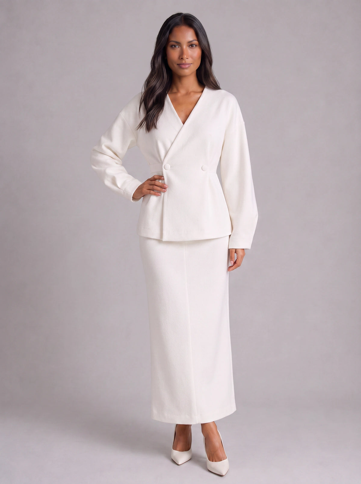 Ivoire Double-Breasted Blazer Maxi Skirt Co-Ord Set – White Tailored Women Formal Wedding Guest Office Blazer