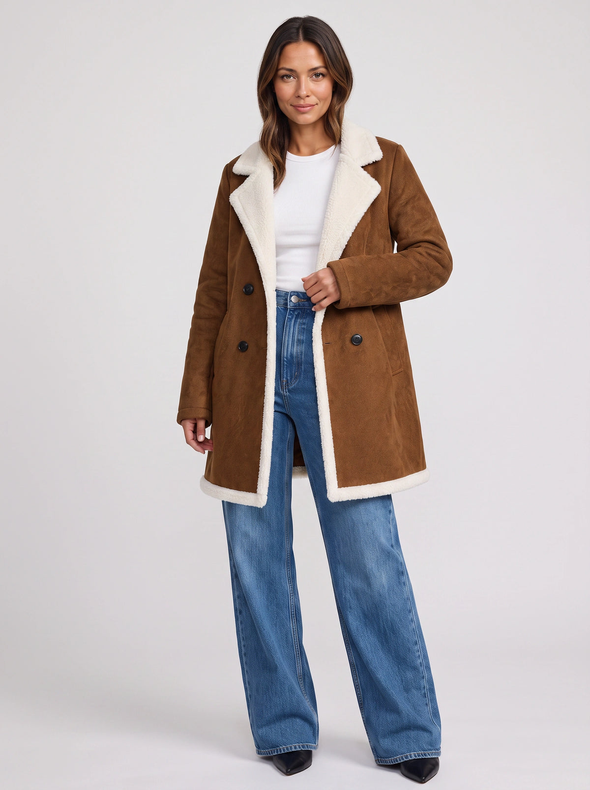 Sherlyn Double-Breasted Sherpa Coat – Faux Suede Fleece Lined Women Longline Winter Coat