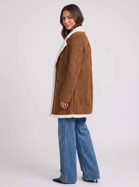 Sherlyn Double-Breasted Sherpa Coat – Faux Suede Fleece Lined Women Longline Winter Coat