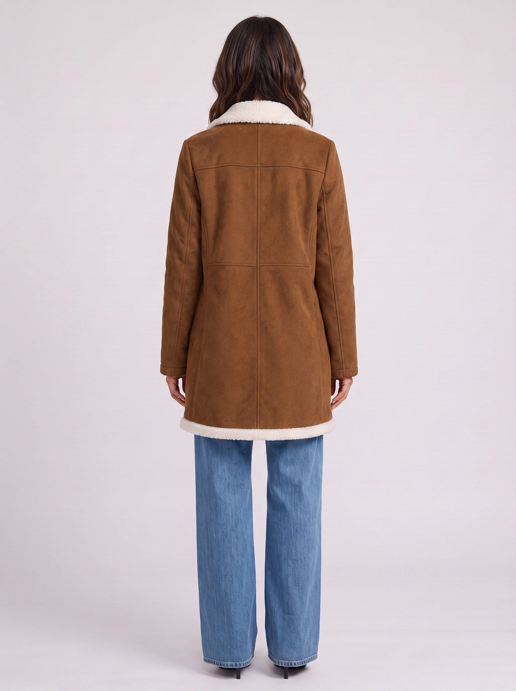 Sherlyn Double-Breasted Sherpa Coat – Faux Suede Fleece Lined Women Longline Winter Coat