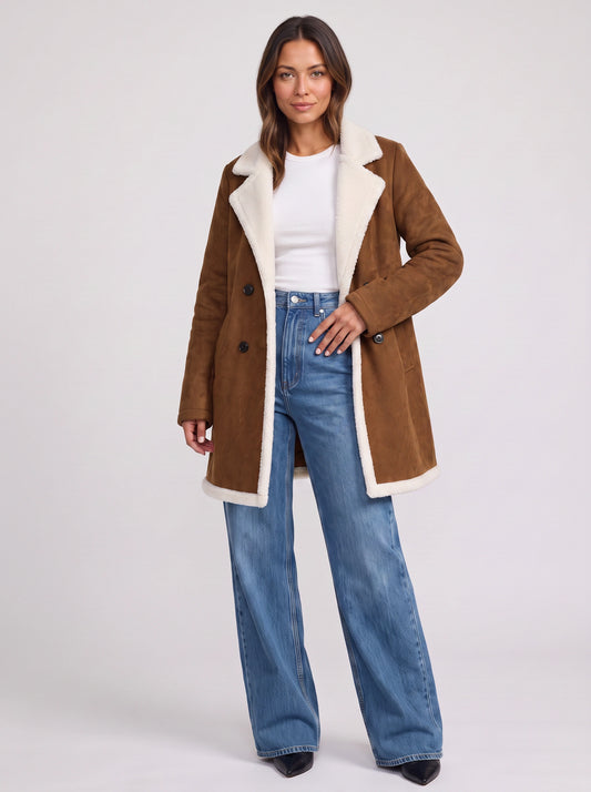 Sherlyn Double-Breasted Sherpa Coat – Faux Suede Fleece Lined Women Longline Winter Coat