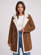 Sherlyn Double-Breasted Sherpa Coat – Faux Suede Fleece Lined Women Longline Winter Coat