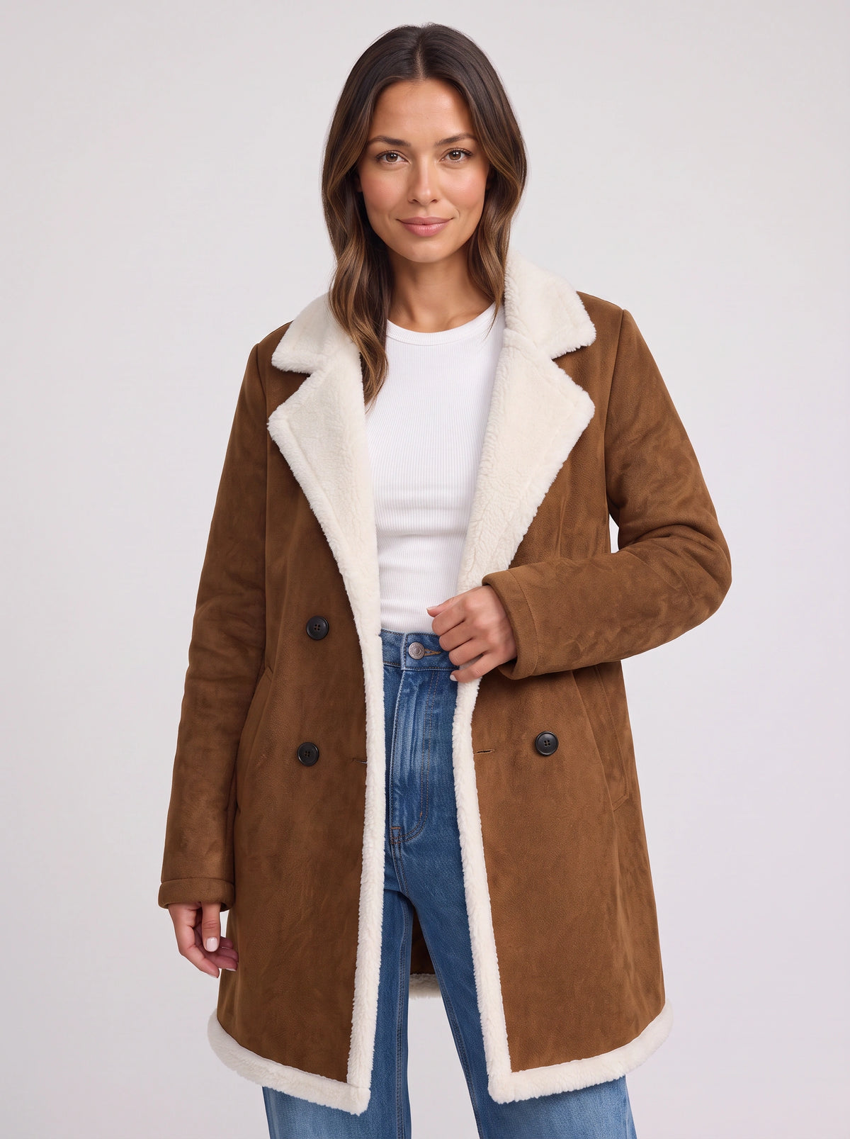 Sherlyn Double-Breasted Sherpa Coat – Faux Suede Fleece Lined Women Longline Winter Coat