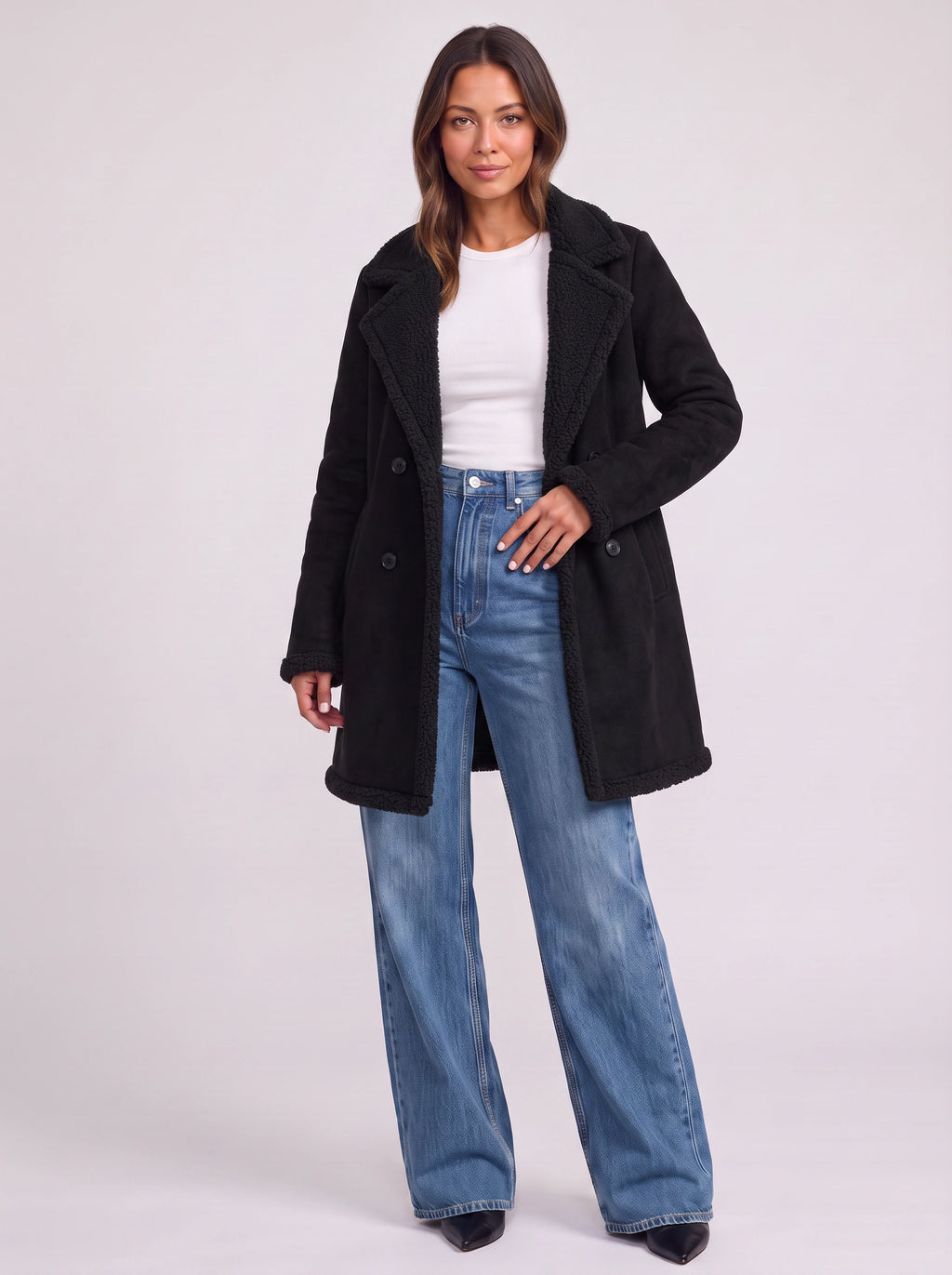 Sherlyn Double-Breasted Sherpa Coat – Faux Suede Fleece Lined Women Longline Winter Coat
