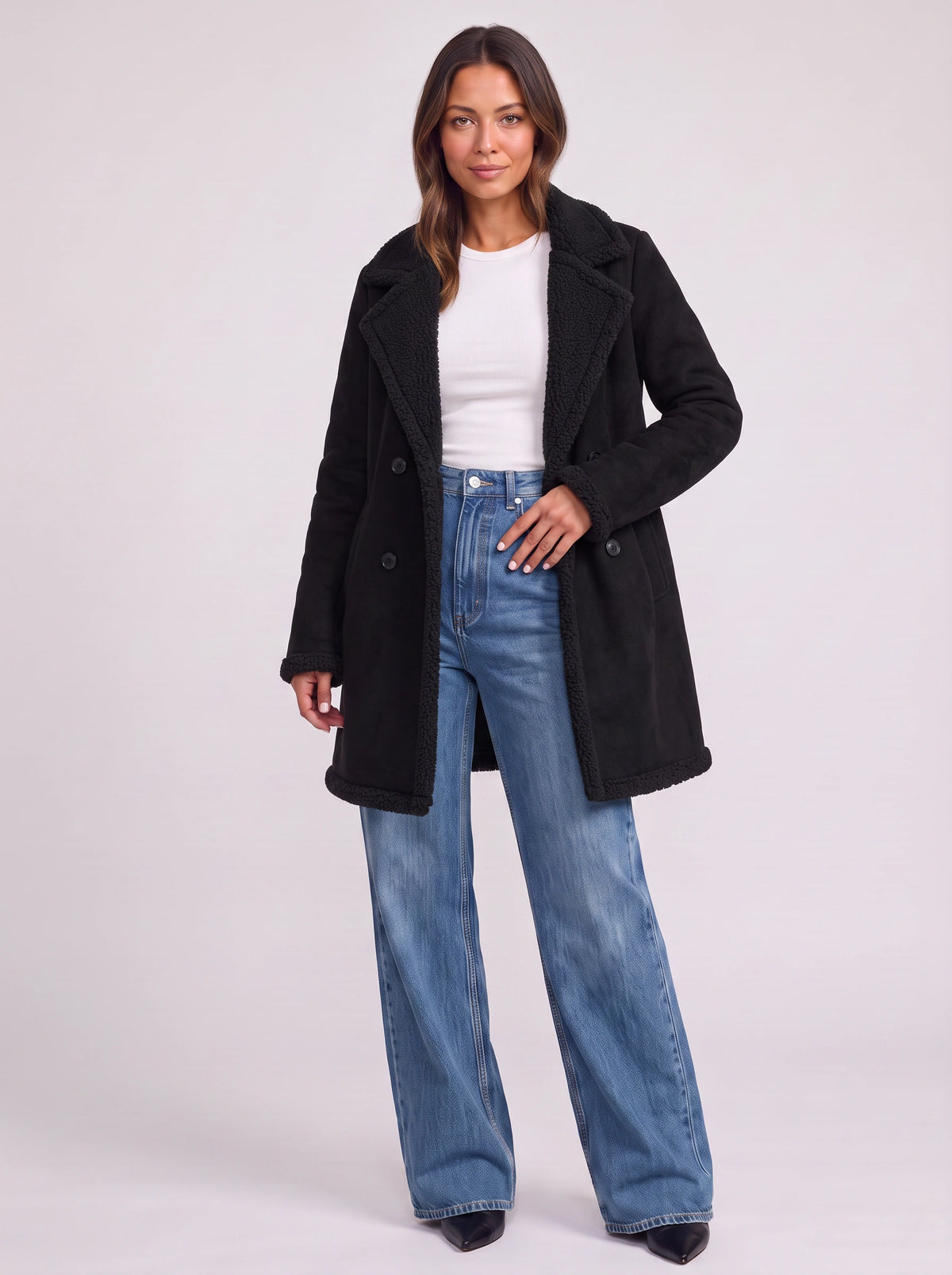 Sherlyn Double-Breasted Sherpa Coat – Faux Suede Fleece Lined Women Longline Winter Coat