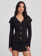 Colinne Ribbed Button-Front Cardigan – Knit Women Office Elegant Gold Button Detail Fitted Cardigan