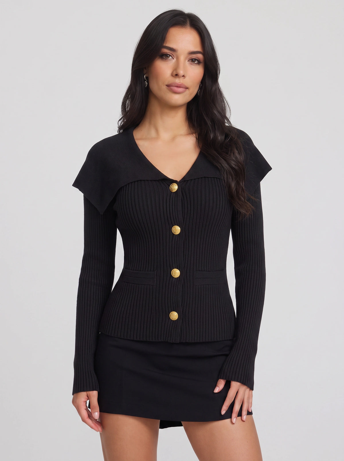Colinne Ribbed Button-Front Cardigan – Knit Women Office Elegant Gold Button Detail Fitted Cardigan