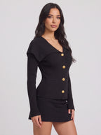 Colinne Ribbed Button-Front Cardigan – Knit Women Office Elegant Gold Button Detail Fitted Cardigan